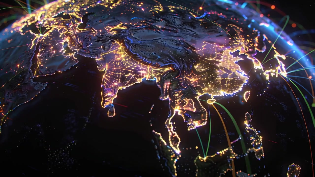 On play globe rotating over South-to-East Asia, showing pulsing data arcs illustrating networks