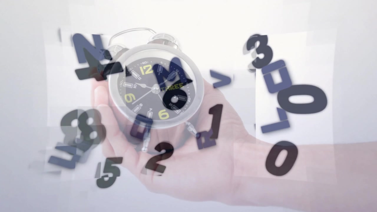 Hand entering from right holding twinbell clock as numerals swirling around face representing time