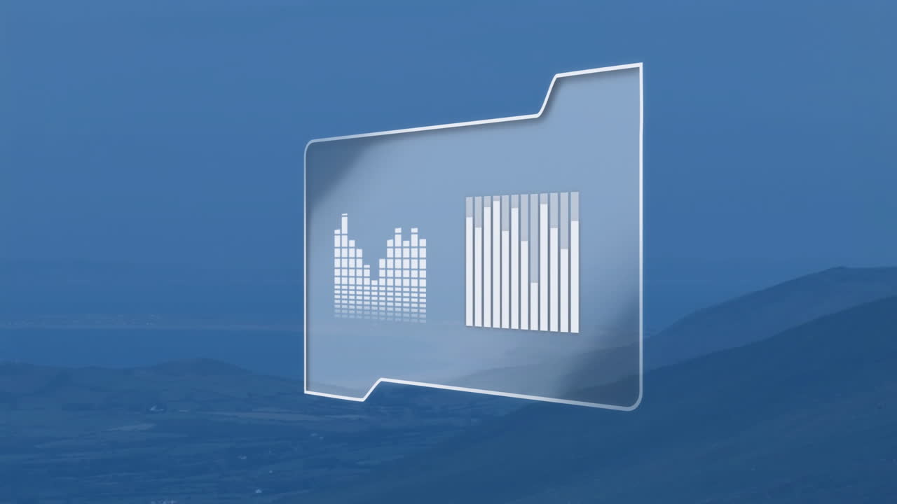 Transparent folder panel floating over blue hills displaying equalizer and vertical bar charts