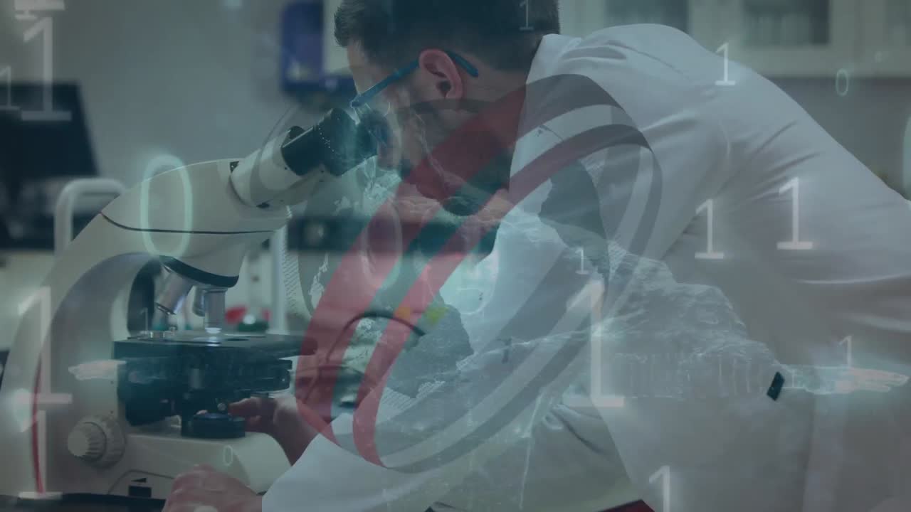 Animazione di codifica binaria, globo ed elaborazione dati su diversi scienziati in laboratorio