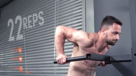 bodybuilder performing parallel-bar dips against animated background