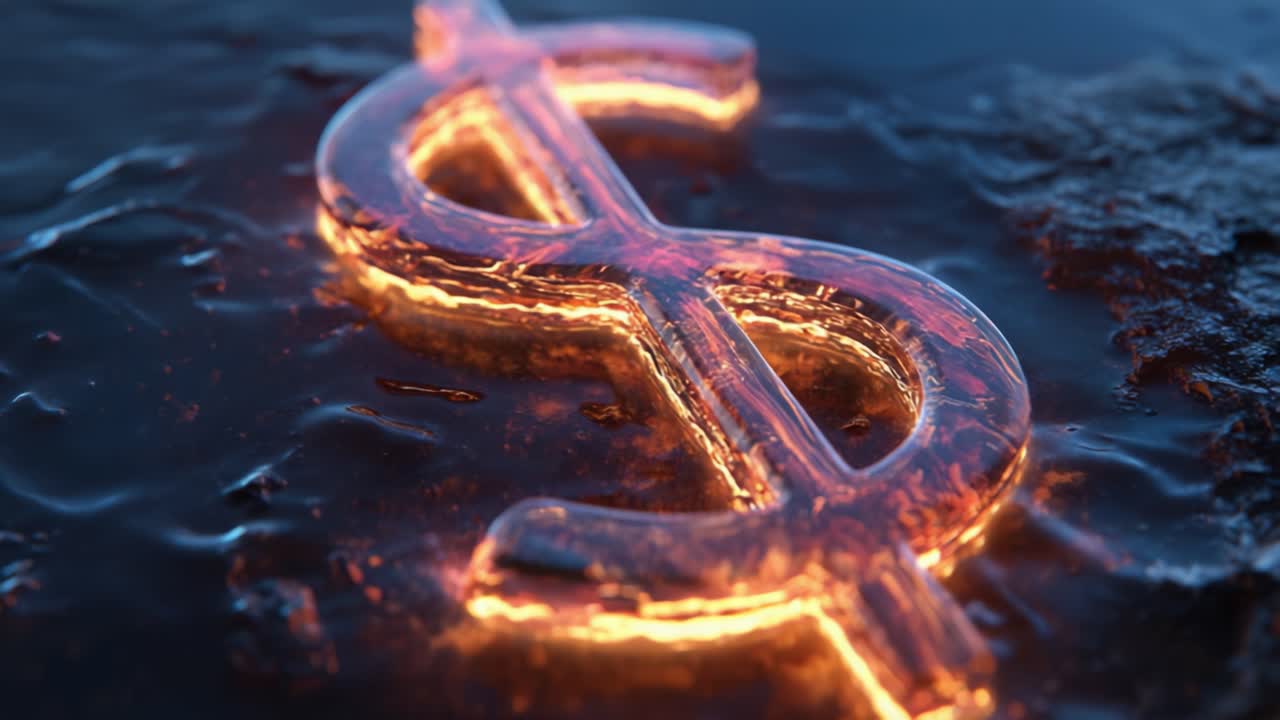 Una Vista en Primer Plano de un Signo de Dólar Brillante, Simbolizando Riqueza y Prosperidad, Ambientado sobre un Fondo Oscuro Texturizado Lleno de Elementos Reflectantes en una Impactante Exhibición Visual