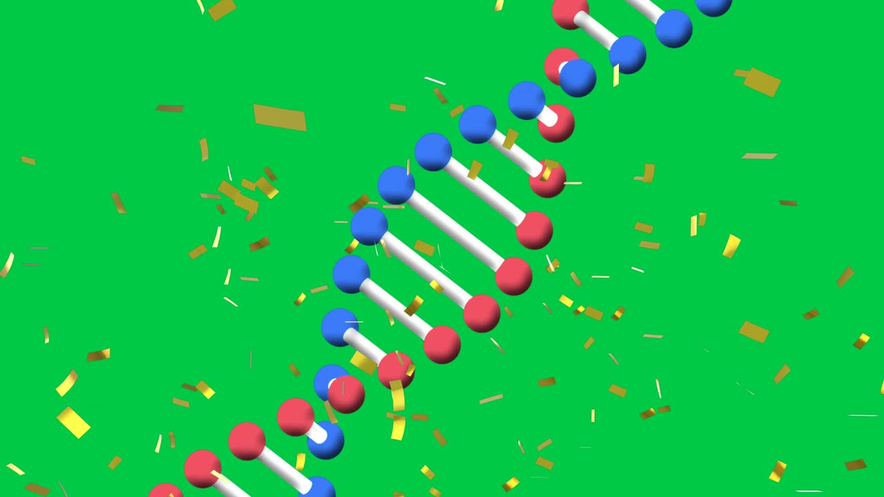 녹색 화면 배경에 있는 dna 줄기 아이콘의 애니메이션과 콘페티