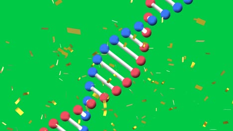 녹색 화면 배경에 있는 dna 줄기 아이콘의 애니메이션과 콘페티