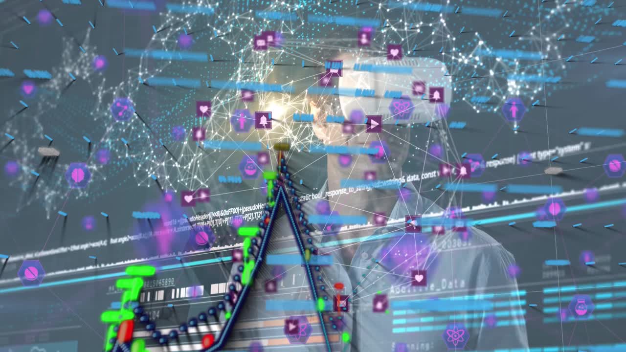 анимация сети соединений с иконами над кавказскими мужчинами, носящими vr-гарнитуры