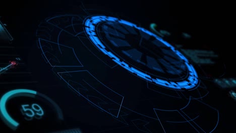 motion graphic of dashboard data report with blue circle rotation and hud graph report percentage, futuristic concept