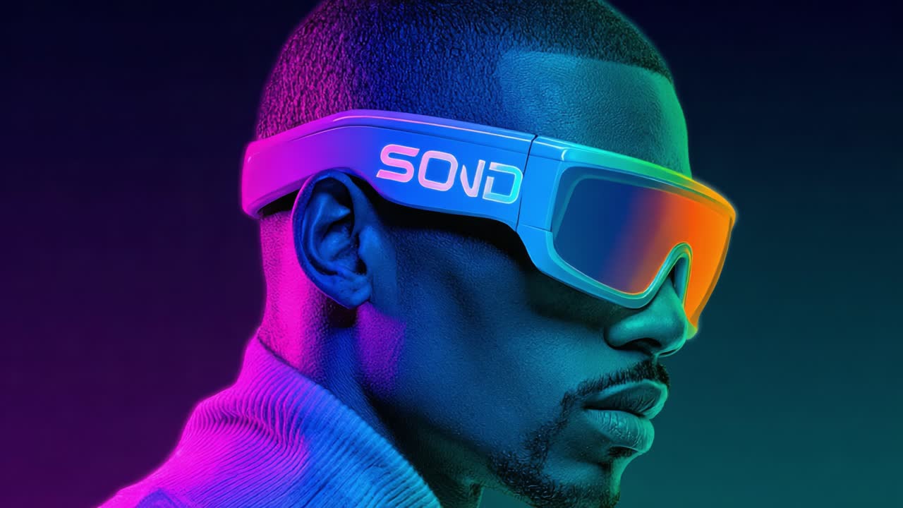 A striking portrait of a person wearing stylish futuristic sunglasses, showcasing innovative design and vibrant colors, set against a vivid gradient background blending hues