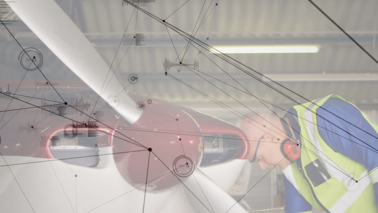 анимация сети соединений над кавказским инженером, работающим на самолете в аэропорту