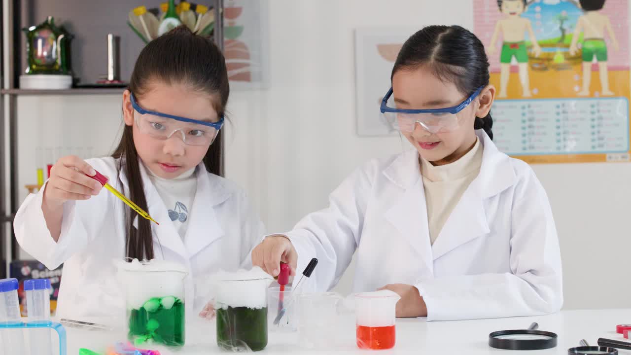 教室で、白衣とゴーグルを着用しピペットを使う2人の若いアジア人少女。