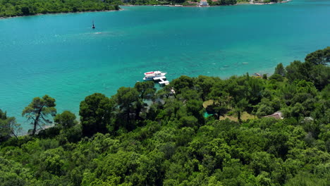flying over the green trees towards the pier on the island at mali ston bay in croatia. - aerial shot