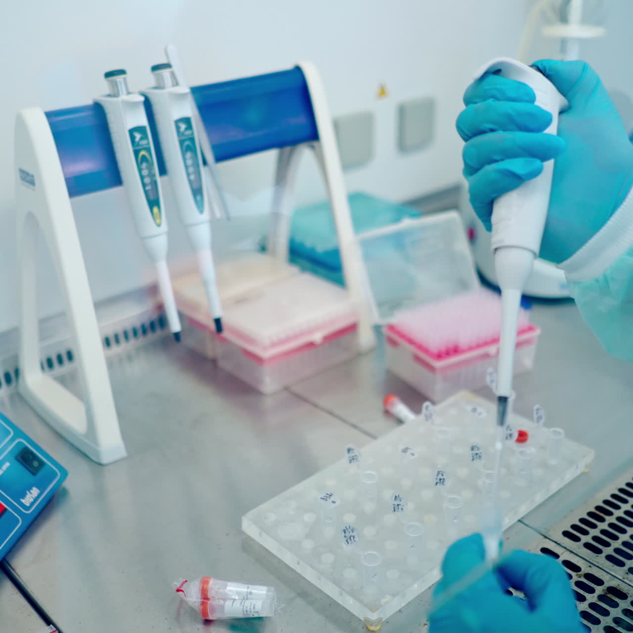 Laboratory worker with test tubes. Modern laboratory indoors. Medical assistant in sterile gloves filling vial with liquid in research lab.
