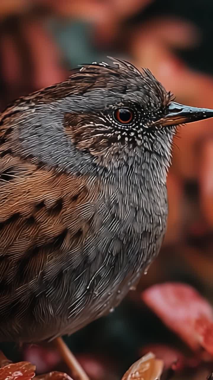 Una visione ravvicinata di un uccello splendidamente dettagliato posato tra foglie autunnali vivaci, che mette in risalto le sue intricate piume e gli occhi espressivi.