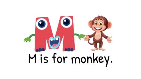playful animation of letter m transforming with a cheerful monkey, vibrant colors, and engaging visuals for educational purposes