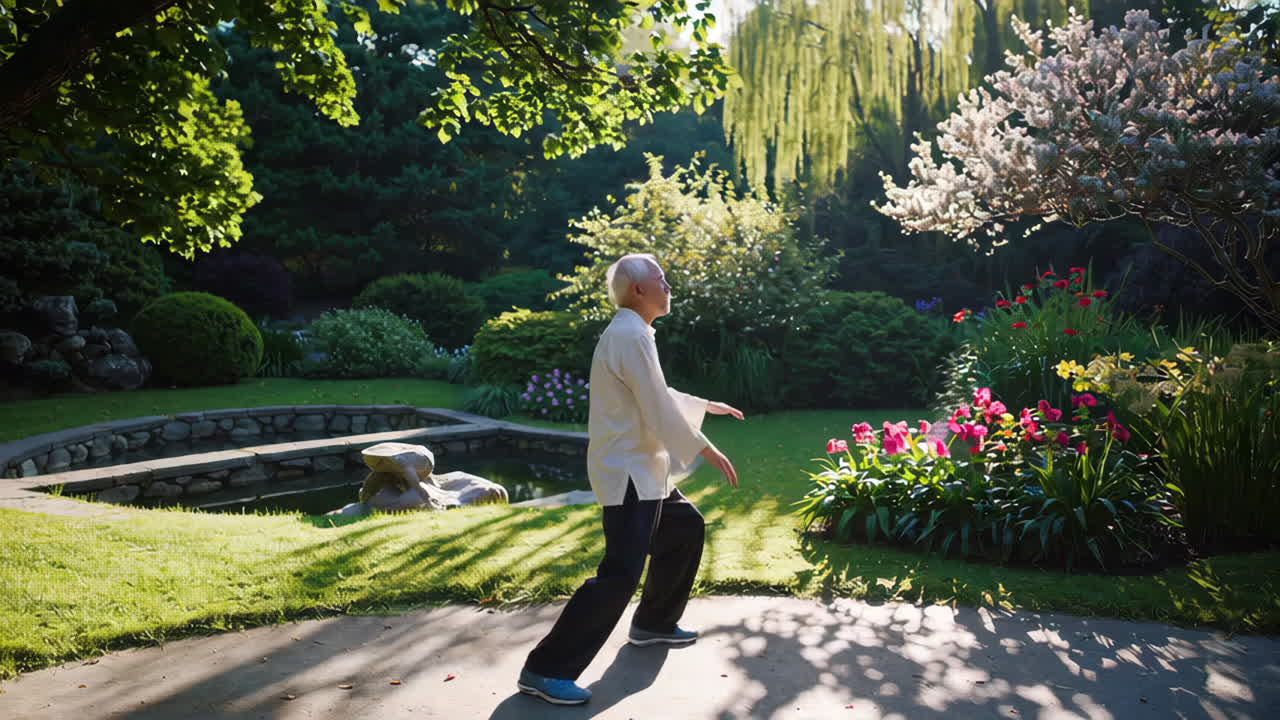 Elderly Man Practicing Tai Chi in a Beautiful Garden