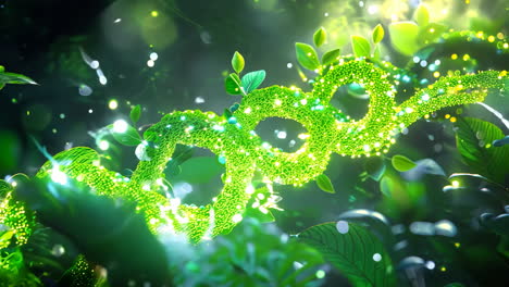 Luminous Green Vines Twisting Through Dense Forest Undergrowth. Vibrant green vines spiral through lush foliage, illuminated by ethereal light in a tranquil forest setting.