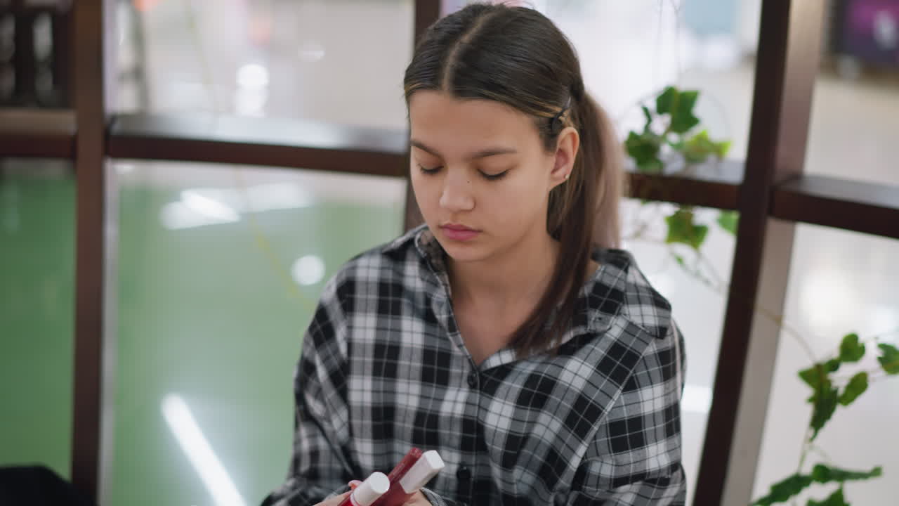 mujer joven con expresión cansada mira hacia abajo mientras sostiene herramientas de maquillaje en las manos, iluminación interior sutil y fondo borroso crean un estado de ánimo introspectivo, traje a cuadros casual añade un relajado