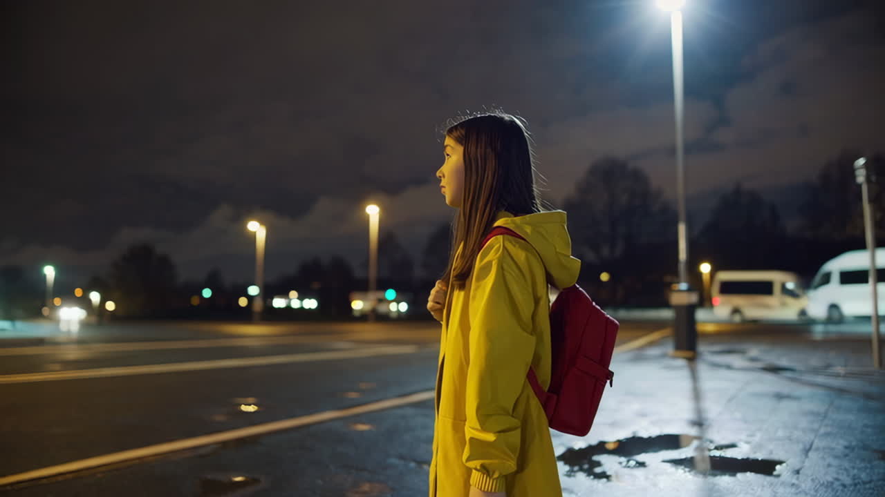 Young Girl Walking in the Rain at Night