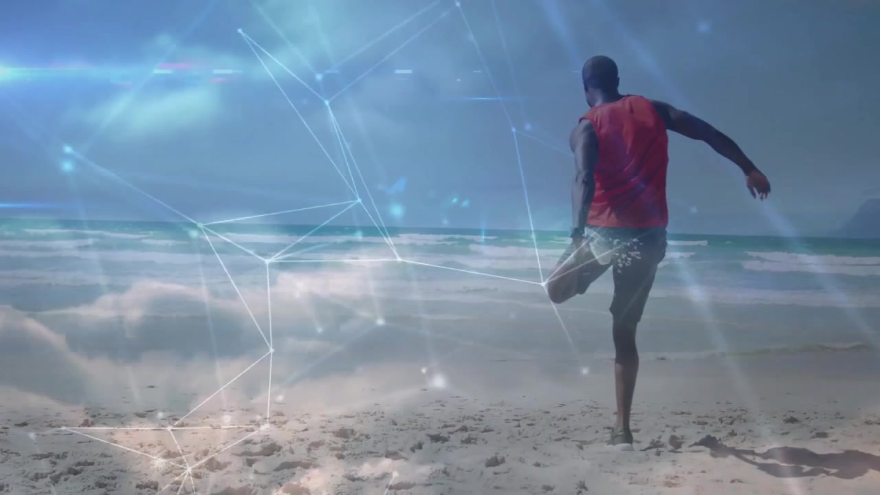 Homem transferindo o peso fazendo alongamentos de quadríceps para aquecimento físico enquanto uma sobreposição digital se move na praia