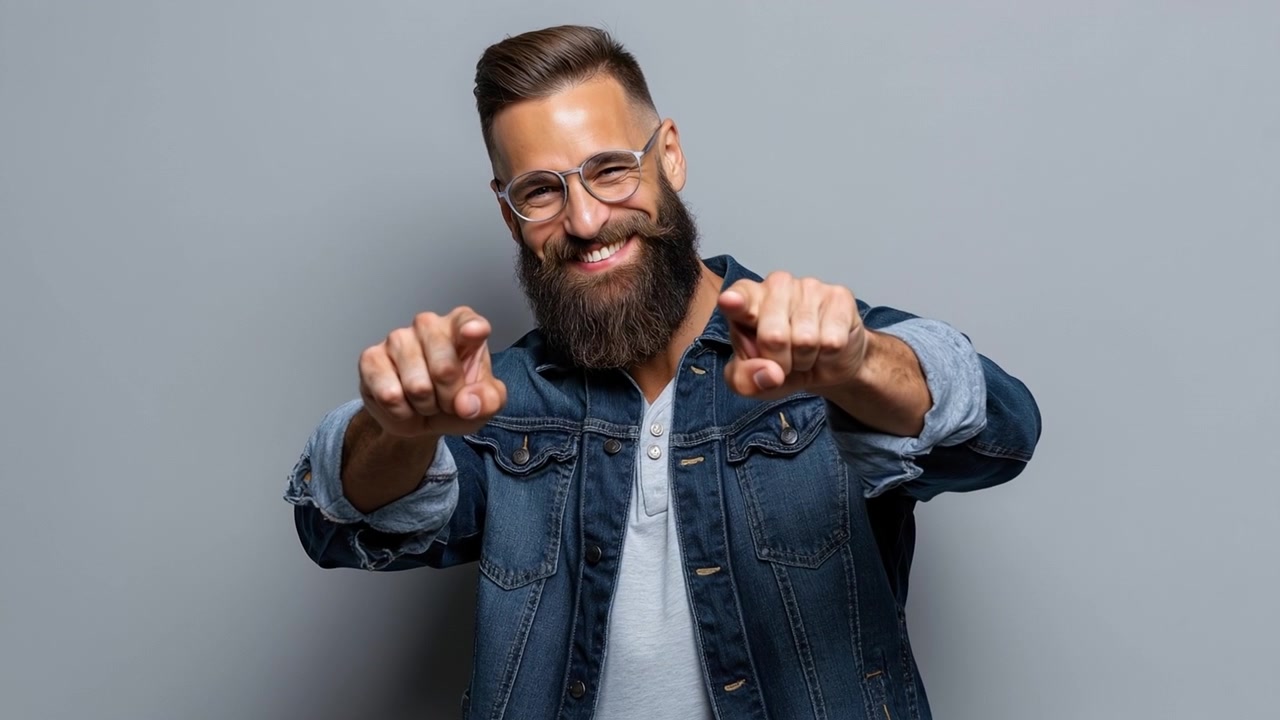 Smilende skægget mand med briller peger fingrene mod kameraet mod en grå baggrund
