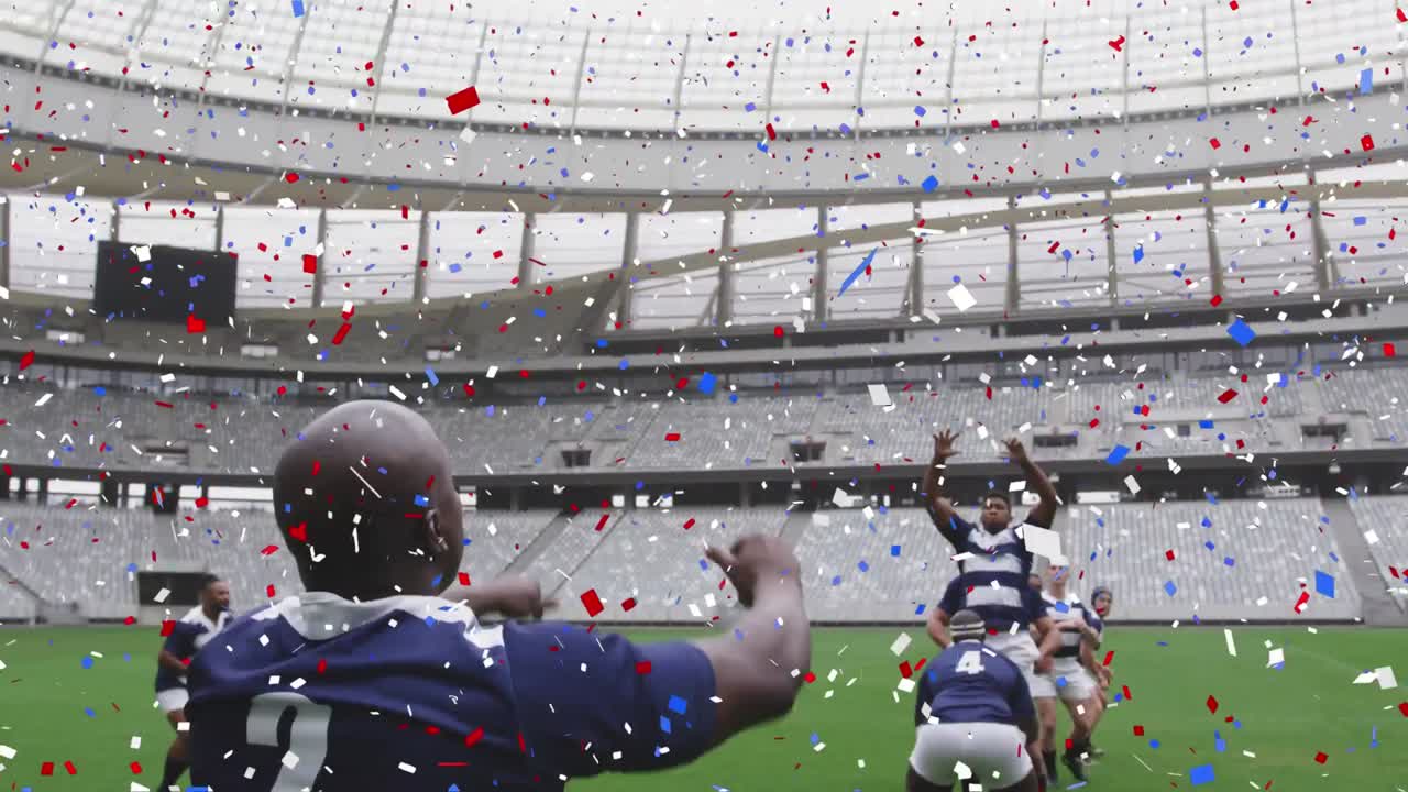 경기장 에서 경기 중 남자 럭비 선수 들 위 에 있는 콘페티 의 애니메이션