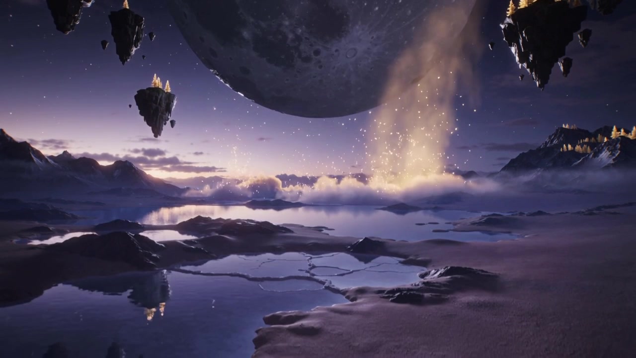 Emettendo scintille, una gigantesca luna luminosa forma una colonna dorata che si estende sui laghi al crepuscolo, illuminando gli isolotti