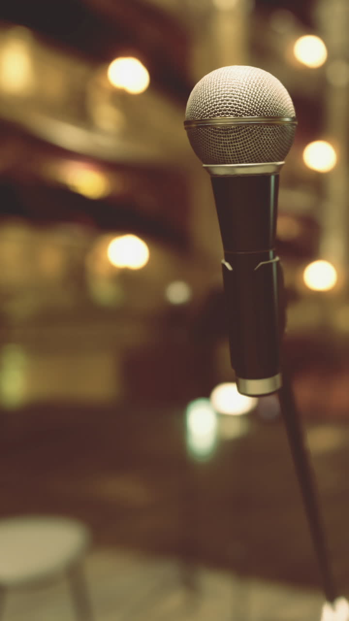 Microfono pronto per un evento di spoken word presso una sede locale.