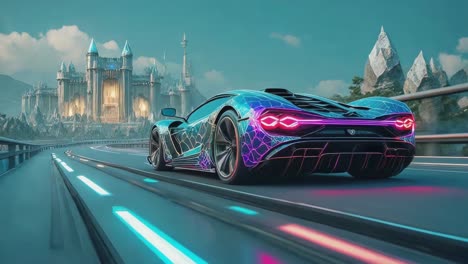 futuristic sports car with neon lights driving towards a fantasy castle
