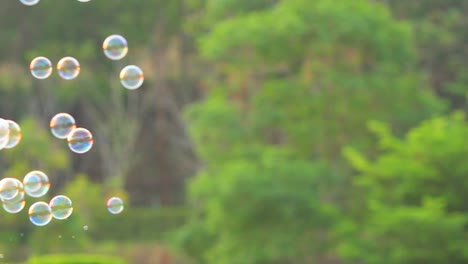 soplar burbujas de jabón flotando en el aire con verde natural borroso fondo bokeh para niños y niños en el parque