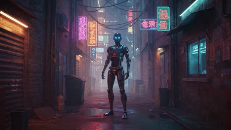 futuristic robot stands in urban alleyway bathed in neon lights: a visual journey through a cyberpunk world of technology and mystery