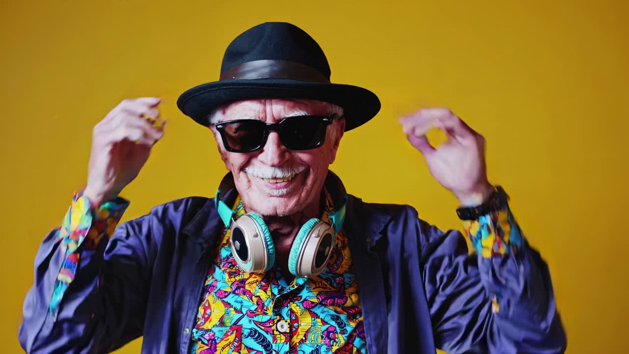 hombre de edad avanzada con estilo bailando y escuchando música