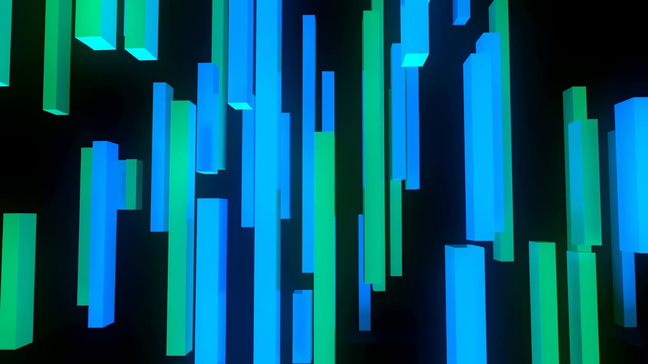 Blue Green Vertical Bars Cascade Downward, D Glowing Columns Move In Rhythm Over Black Background Creating