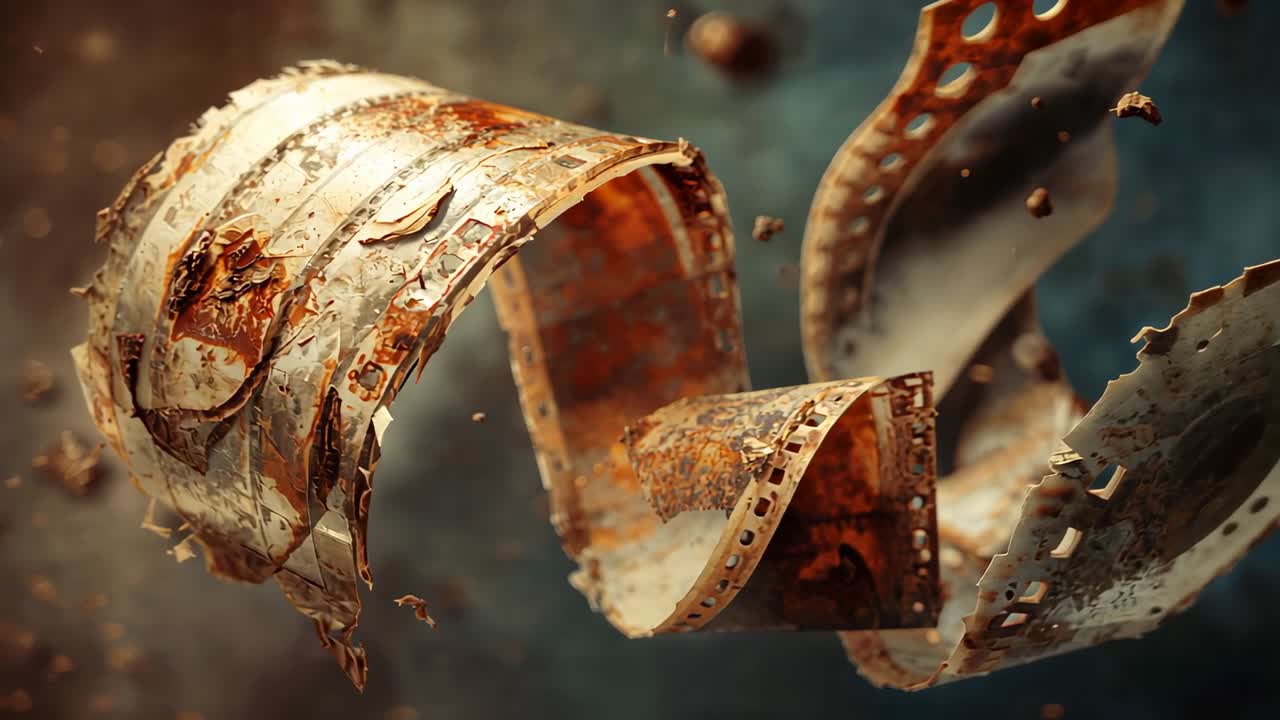Appearing from left, rusted film strips uncoiling and twisting in smoky haze revealing perforations