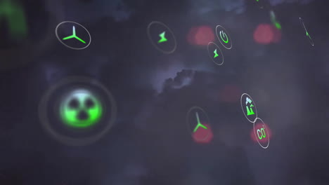 animación de los iconos eco procesamiento de datos sobre las luces de la ciudad fuera de enfoque