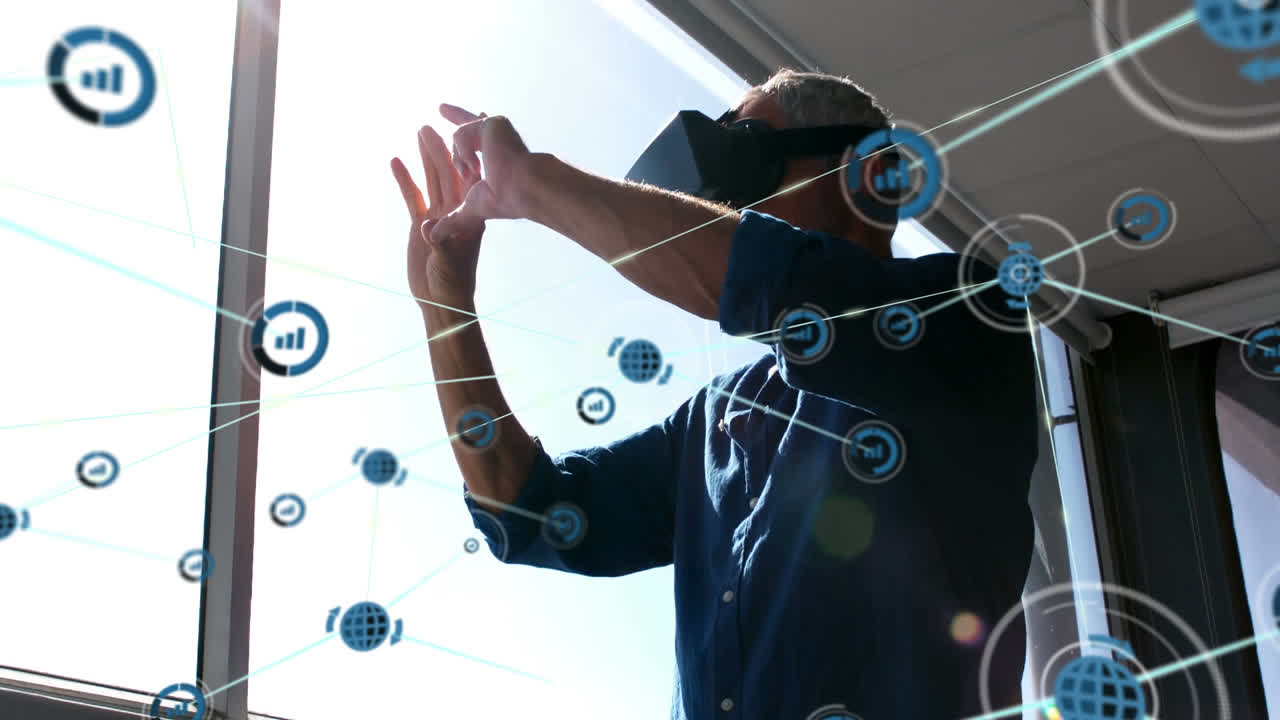 Animation of networks of connections and businessman wearing phone vr headset
