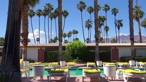 toma de establecimiento de un motel retro clásico en palm springs o los angeles california piscina y tumbonas 2