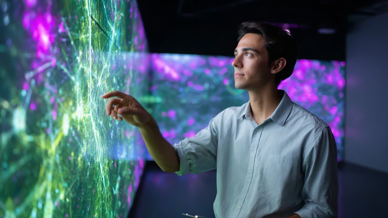 A young man engages with a mesmerizing interactive digital display, showcasing vibrant colors and intricate patterns, in a modern art installation that combines technology and creativity to enhance the viewing experience