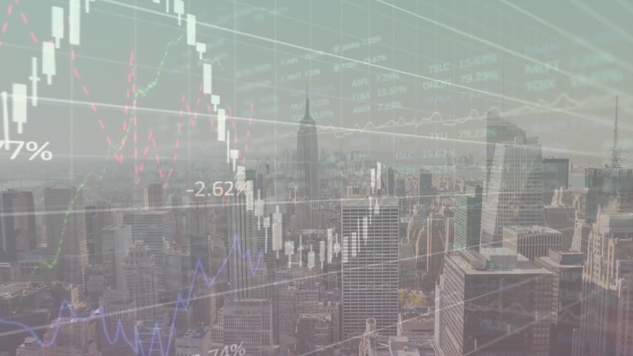 Animation of multiple graphs with changing numbers over aerial view of modern city