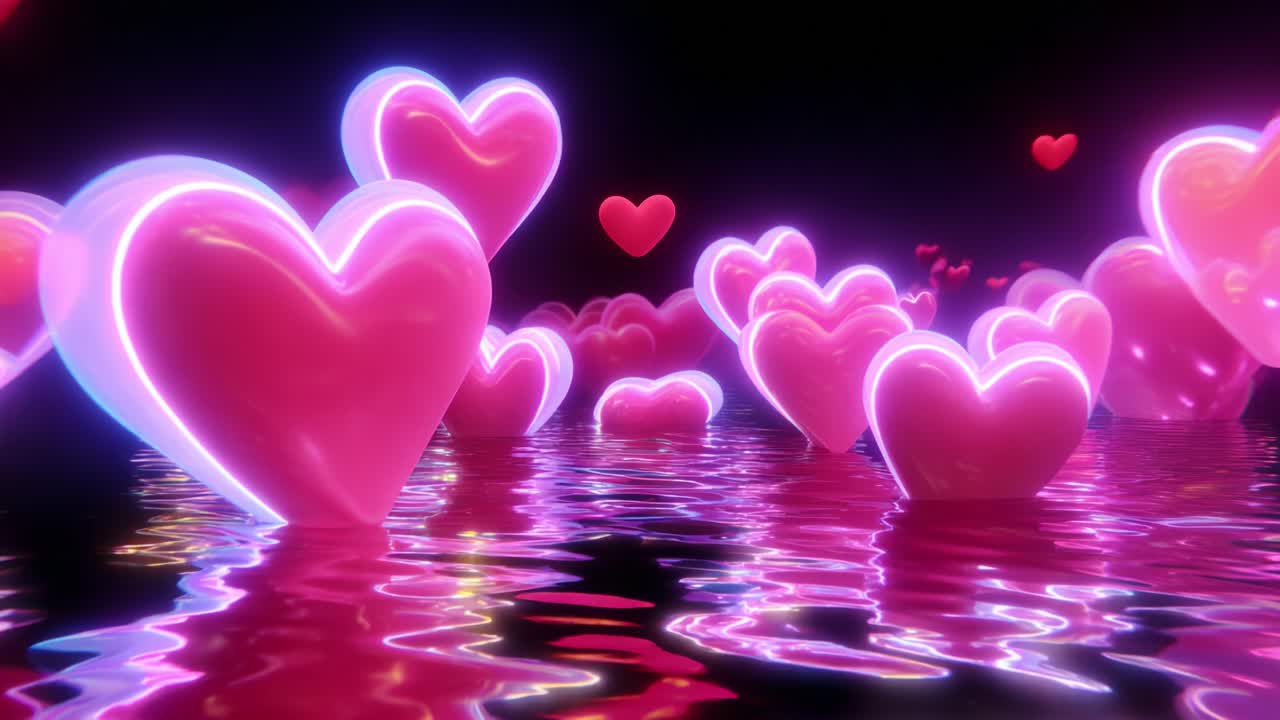 A beautiful display of glowing hearts floating serenely on water's surface, creating a mesmerizing scene of love and affection, illuminated by vibrant colors and reflections that captivate the viewer