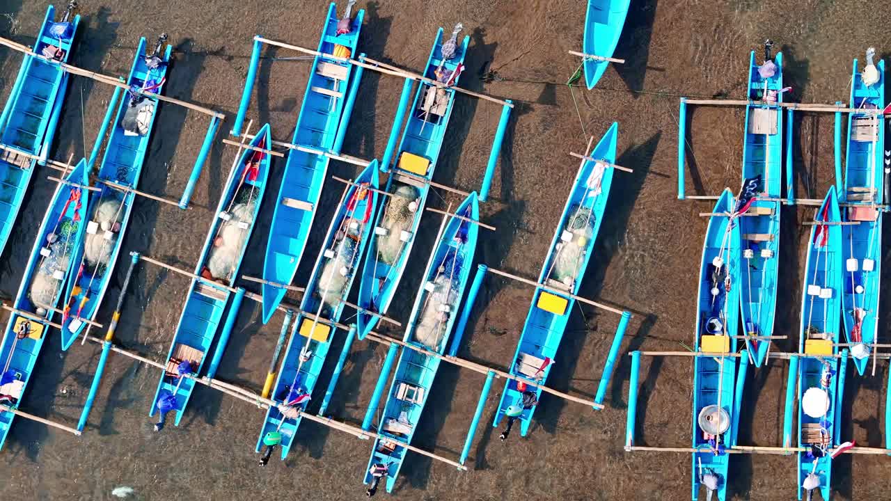Top view of traditional fishing boats on Baron beach, Yogyakarta, Indonesia