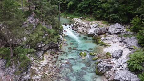 cinematic magical landscape and river of dolomites, aerial view