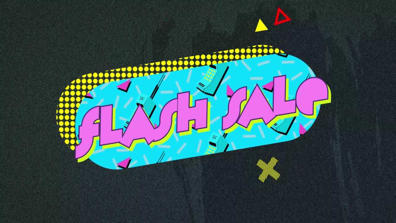 파란색 배너에 분홍색으로 플래시 판매 텍스트의 애니메이션 회색 배경에 추상적인 모양