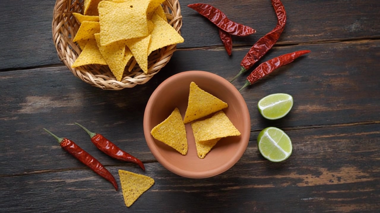 Tortilla chips servite in una ciotola con peperoncini e lime
