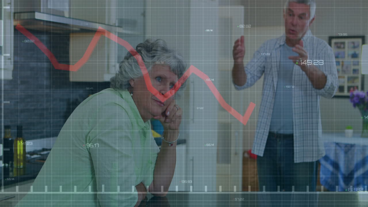 animación de la caída del gráfico, el cambio de números, una pareja de mayores diversos que discuten en casa