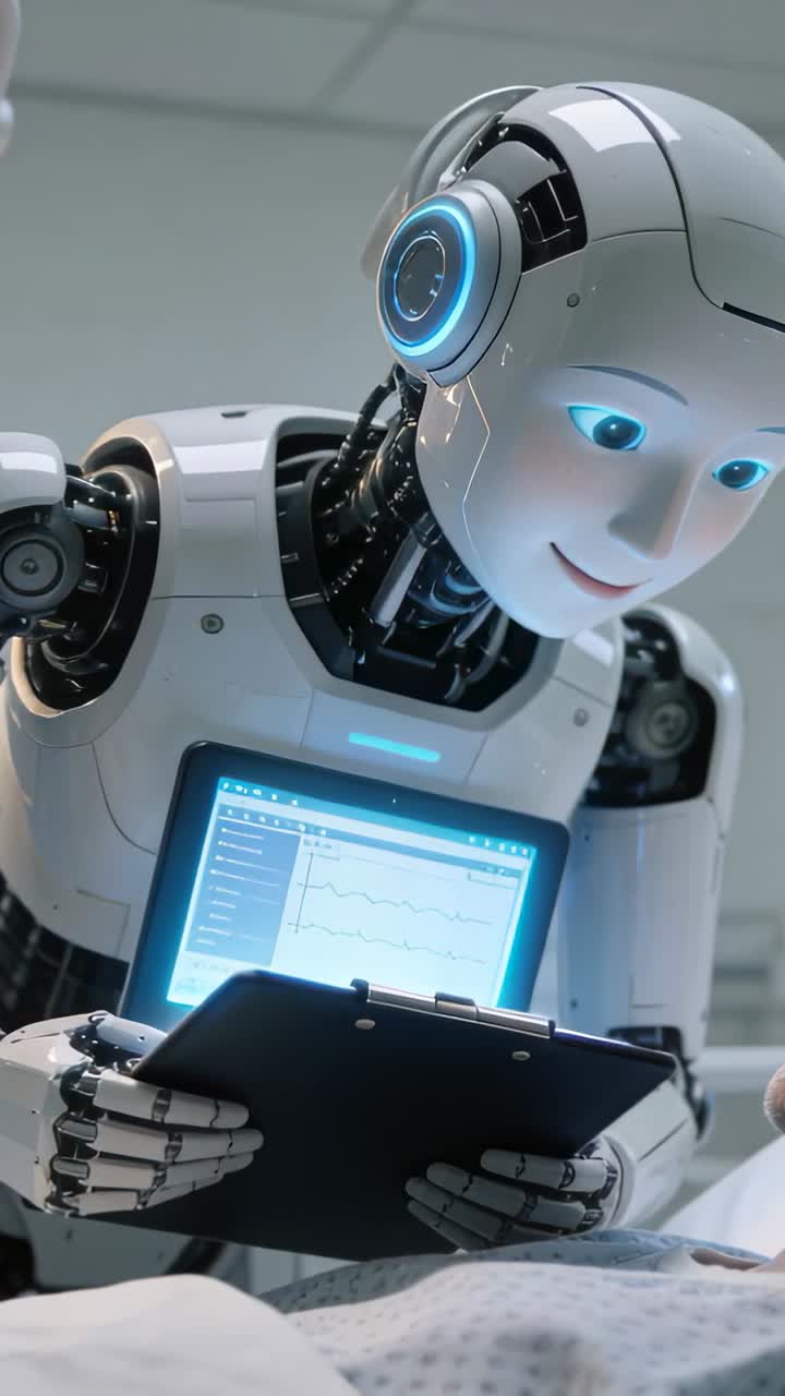 Video verticale: Robot che si sporge e controlla la forma d'onda su un tablet, mentre lo schermo sul petto aggiorna i parametri vitali al capezzale.