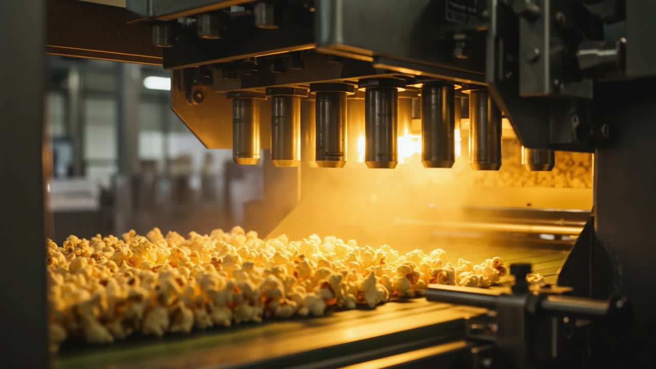 The Process of Popcorn Production: Industrial Machinery in Action with Popping Kernels on a Conveyor Belt and Vibrant Lighting Effects