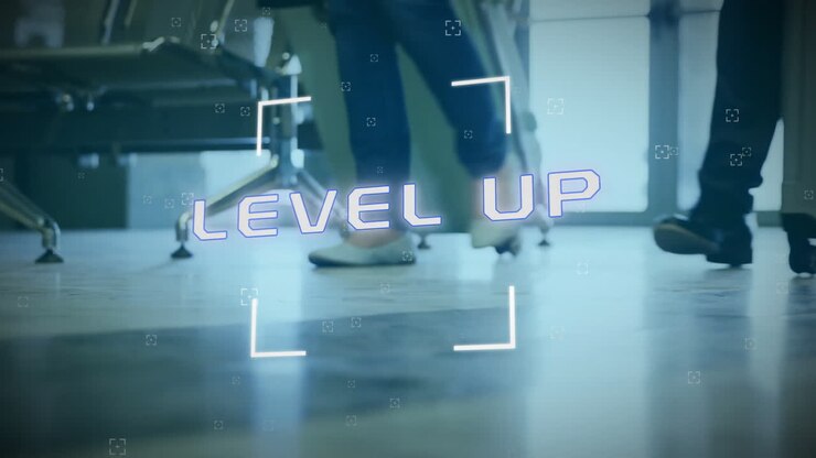 Animation of level up text over people with luggage in airport