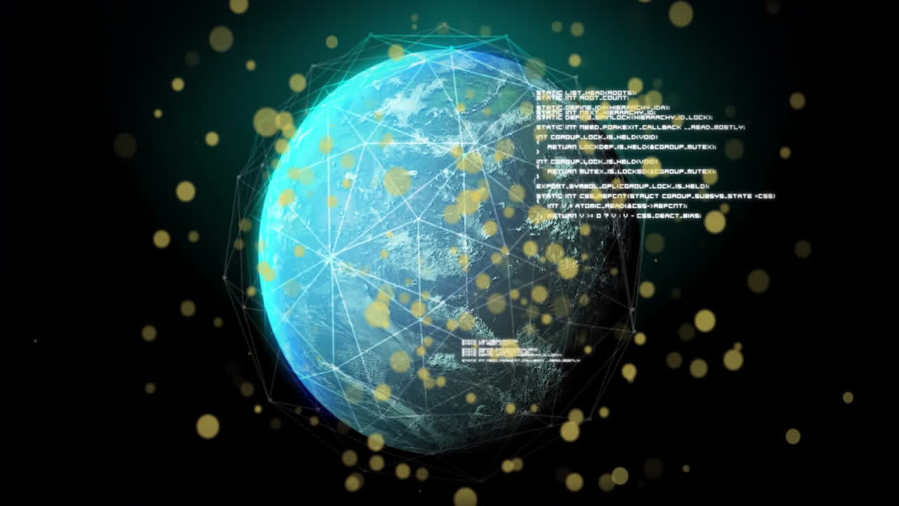 데이터 프로세싱 애니메이션과 검은색 배경 위의 황금 입자와 함께 회전하는 지구