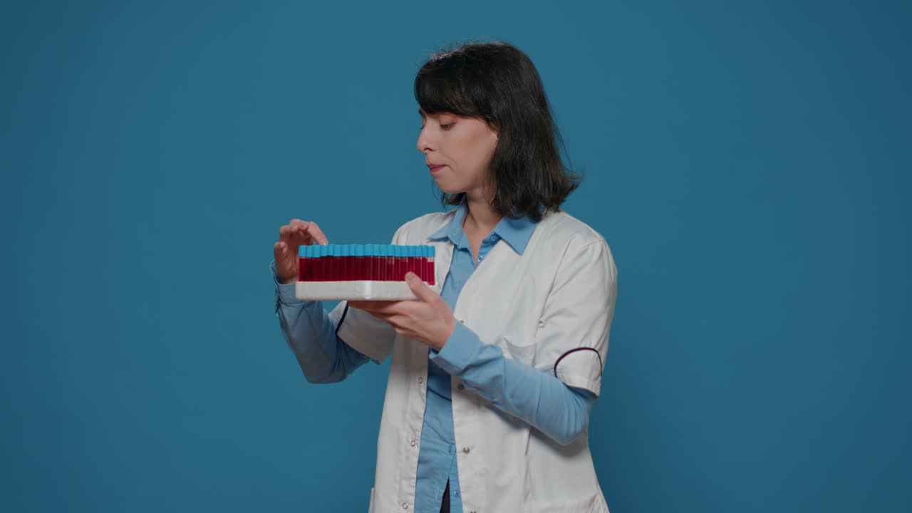 Female scientist analyzing test tubes on laboratory tray