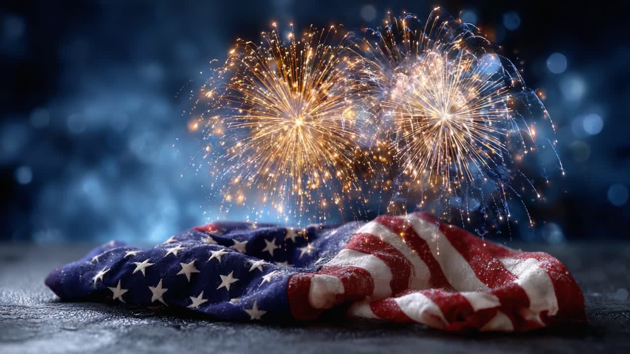 Fuegos artificiales iluminando una bandera estadounidense, que simboliza el patriotismo y la festividad en un cielo nocturno glorioso