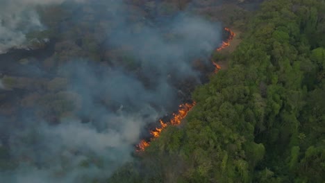 drone shot of a forest fire on an island with the flames visable